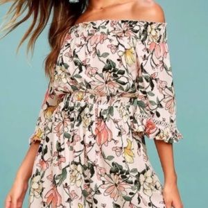 Lulu’s Hello Darling Blush Pink Floral Print Off-The-Shoulder Dress Lightly Worn